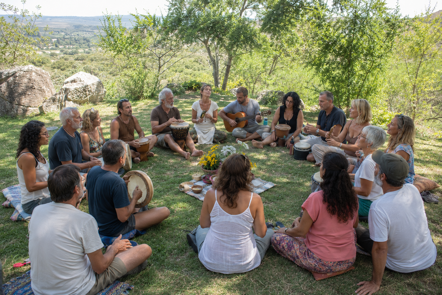 Participantes del retiro holístico de eutonía disfrutando experiencias de sanación y bienestar