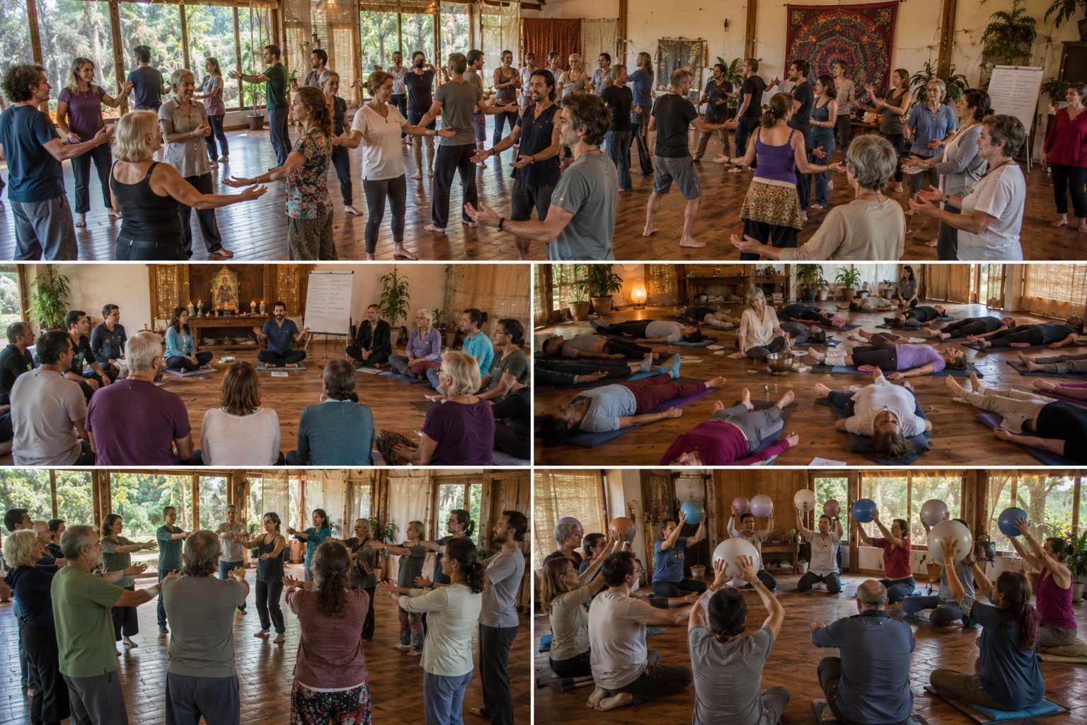 Participantes del retiro holístico de eutonía disfrutando experiencias de sanación y bienestar