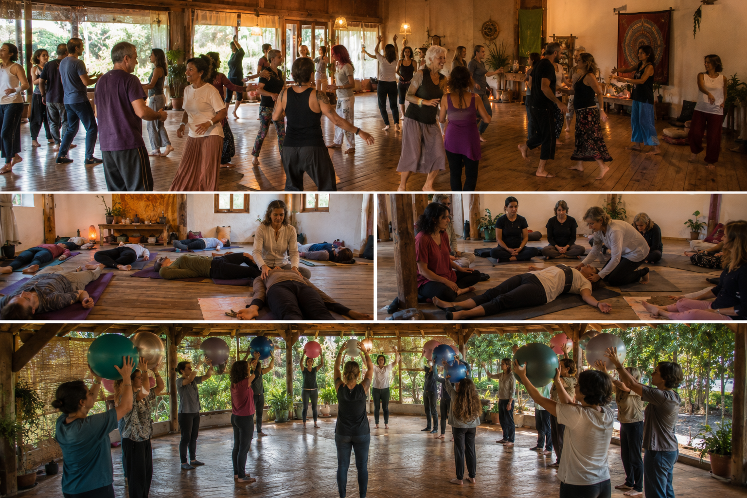 Participantes del retiro holístico de eutonía disfrutando experiencias de sanación y bienestar
