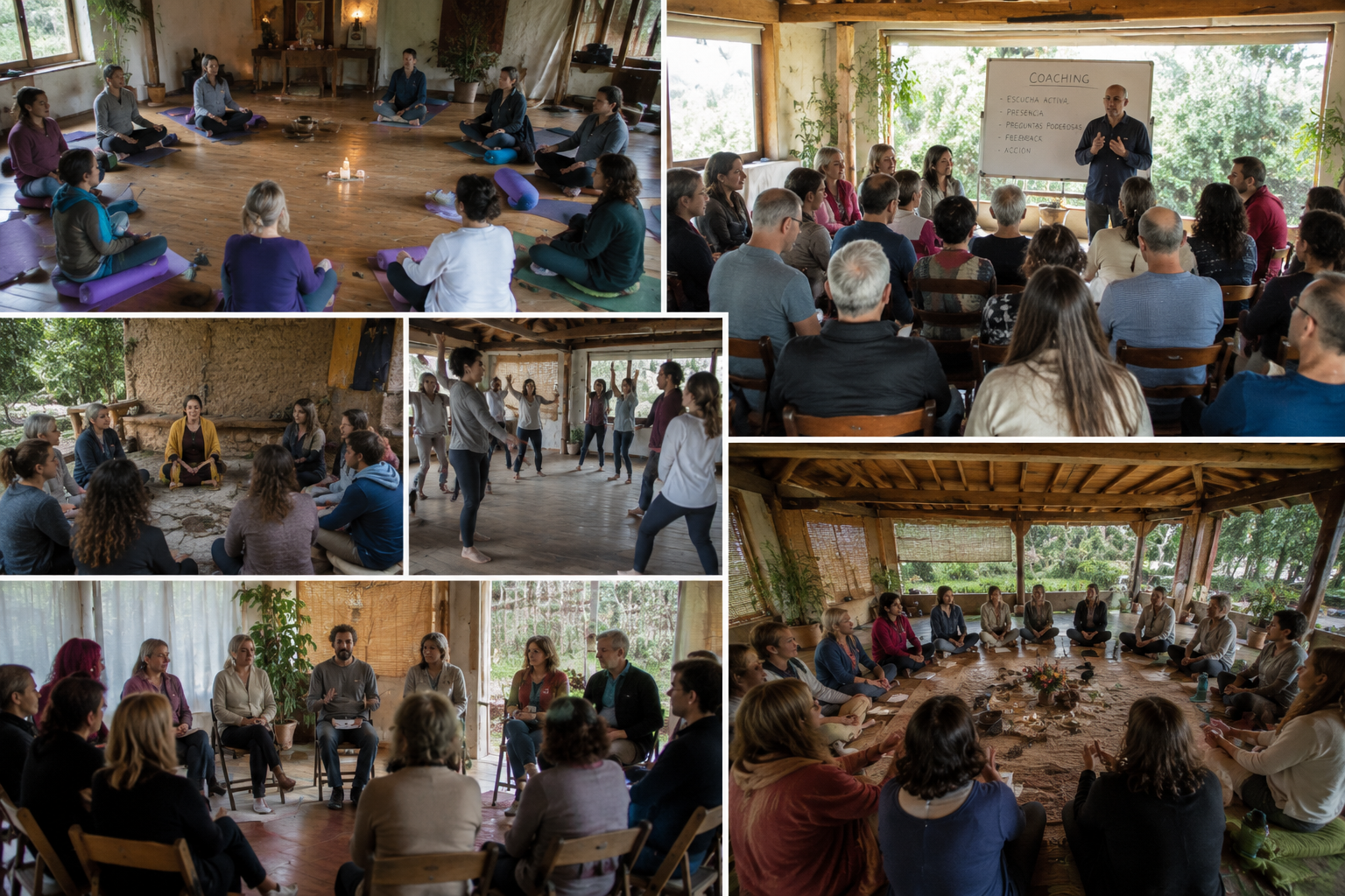 Participantes del retiro holístico de eutonía disfrutando experiencias de sanación y bienestar