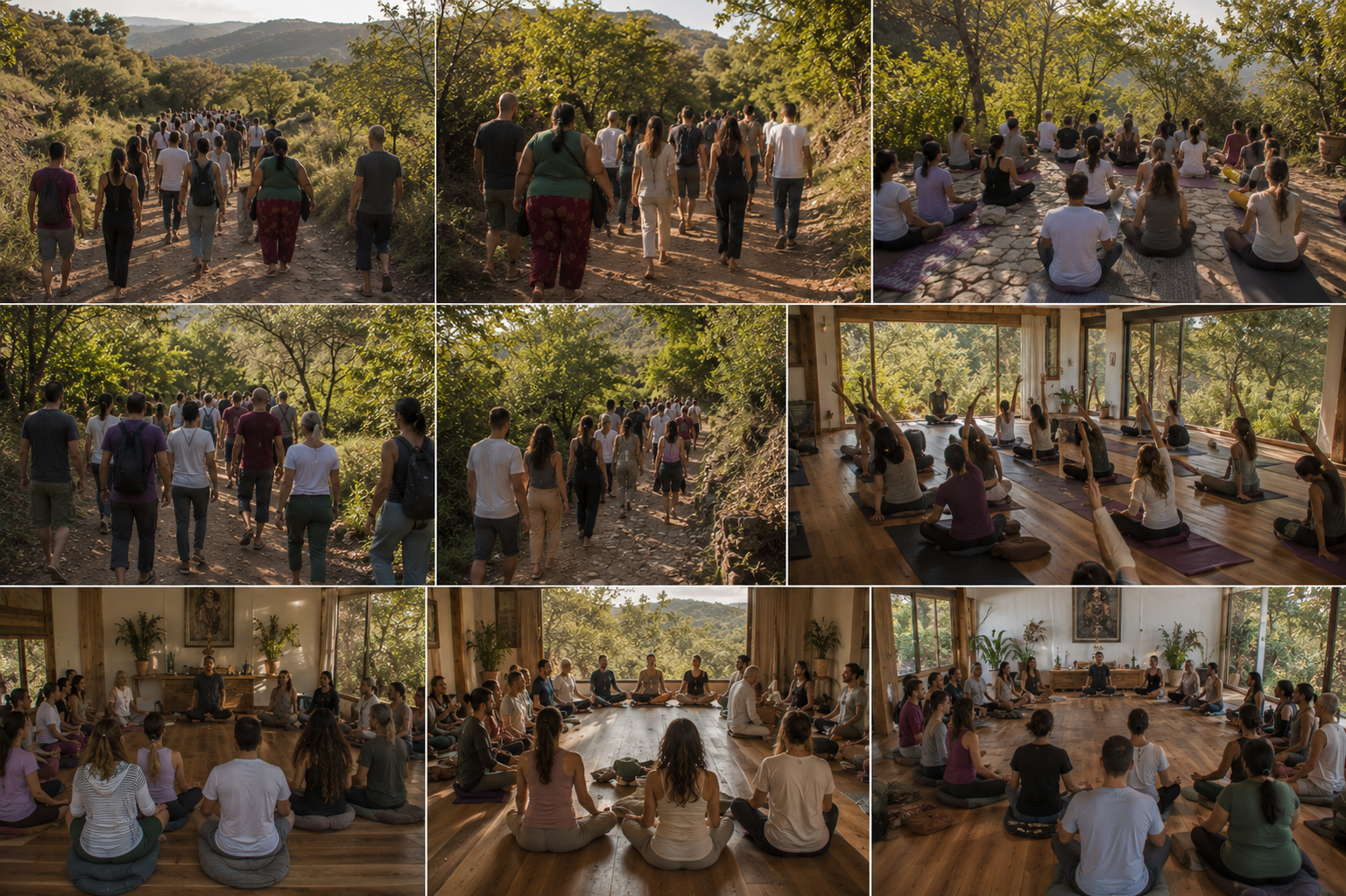 Participantes del retiro holístico de eutonía disfrutando experiencias de sanación y bienestar