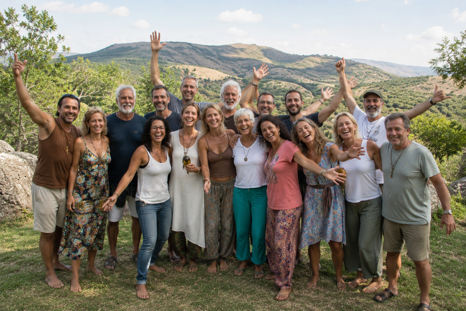 Participantes del retiro holístico de eutonía disfrutando experiencias de sanación y bienestar
